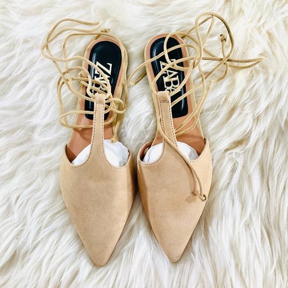 EUC ZARA Tied Leather T-bar Mule Suede Tan Ankle Tie Sandals Size 6US - Picture 3 of 9